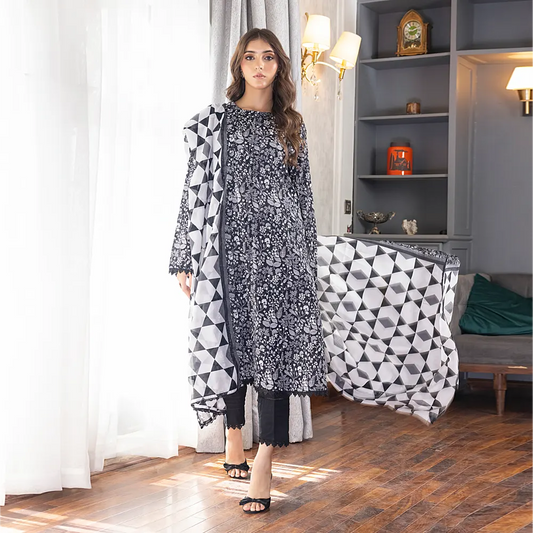 SALINA PRINTED BLACK N WHITE LAWN 3PC