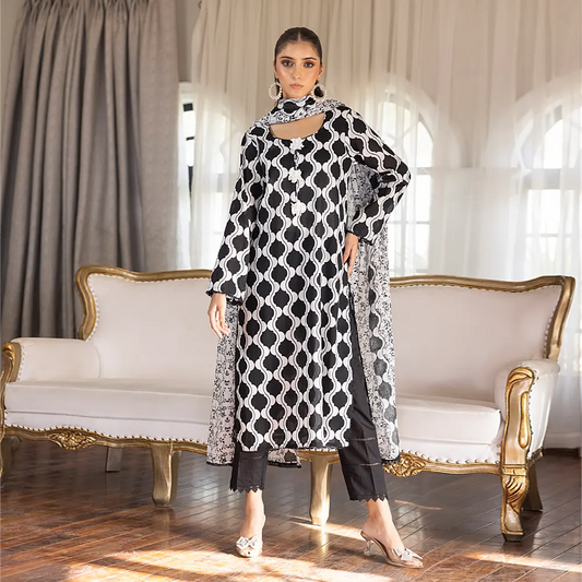 SALINA PRINTED BLACK N WHITE LAWN 3PC